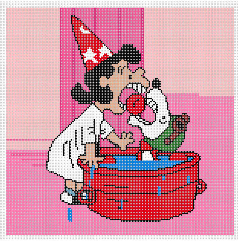 Needlepoint canvas of Peanuts Lucy and Snoopy bobbing for apples