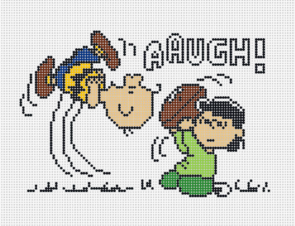 Needlepoint design of Peanuts Charlie Brown and Lucy playing football on a white background of 18 mesh
