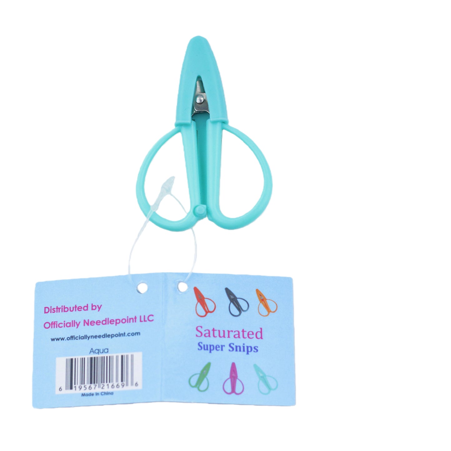 Aqua mini scissors with a blue packaging label on a white background