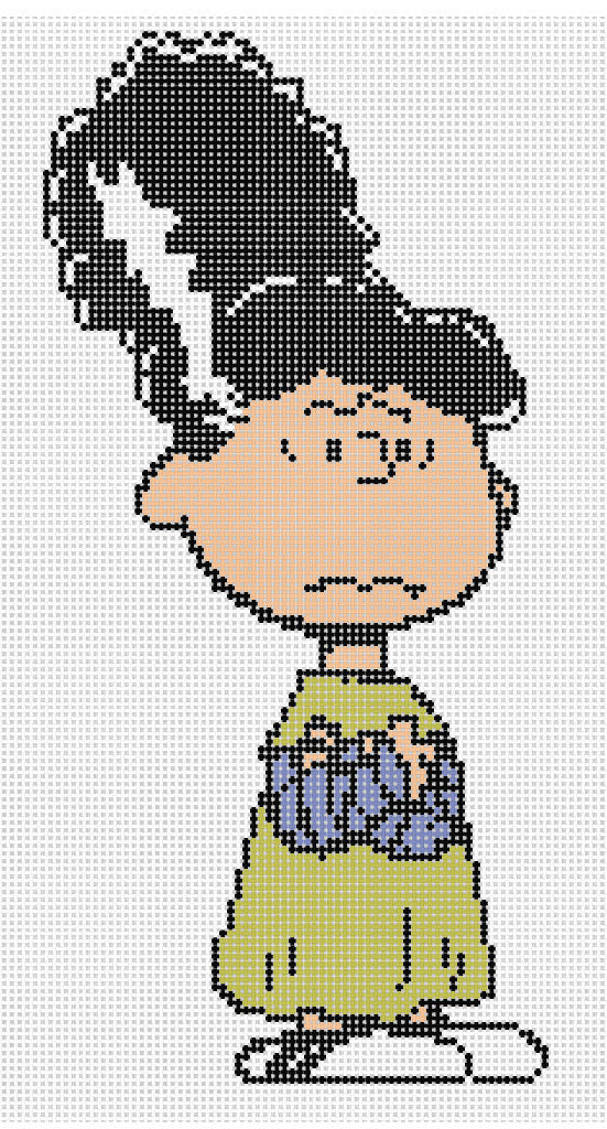 Needlepoint design of Peanuts Violet dressed as Bride of Frankenstein on a white background of 18 mesh
