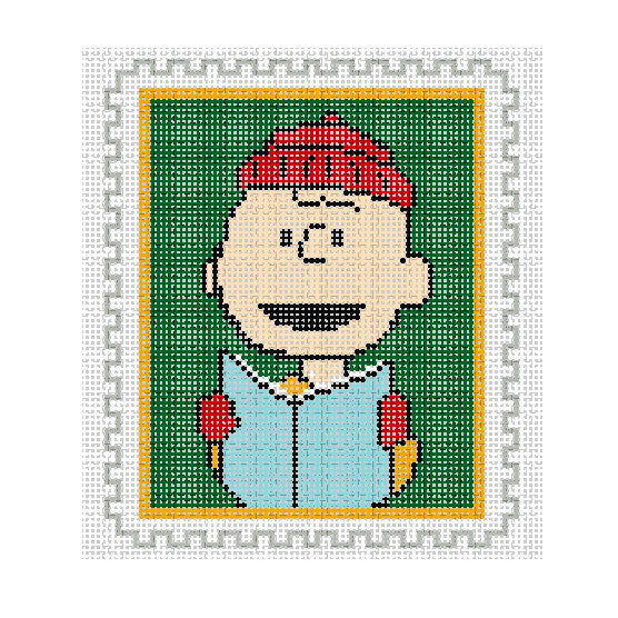 Needlepoint design of Peanuts Charlie Brown caroling in a stamp design on 18 mesh