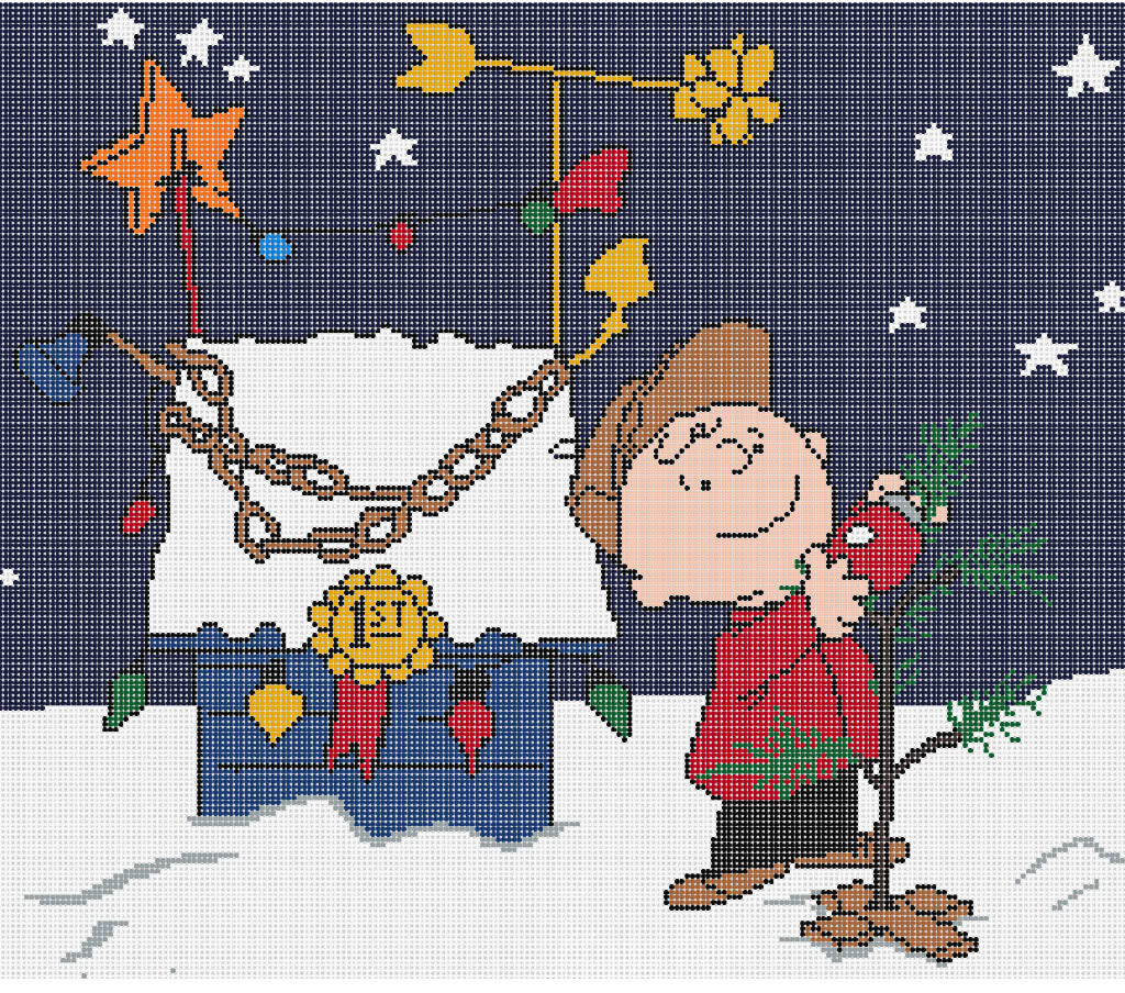 Needlepoint design of "Charlie Brown Christmas" TV special - of Charlie in front of Snoopy's decorated doghouse on 18 mesh
