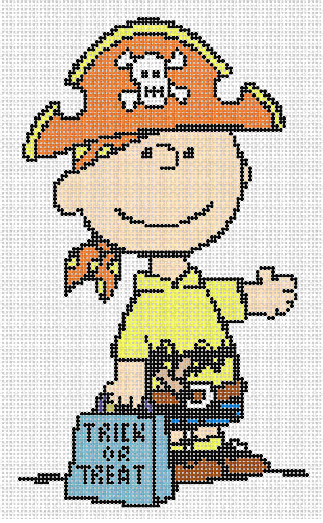 Needlepoint design of Peanuts Charlie Brown dressed as a pirate on a white background of 18 mesh