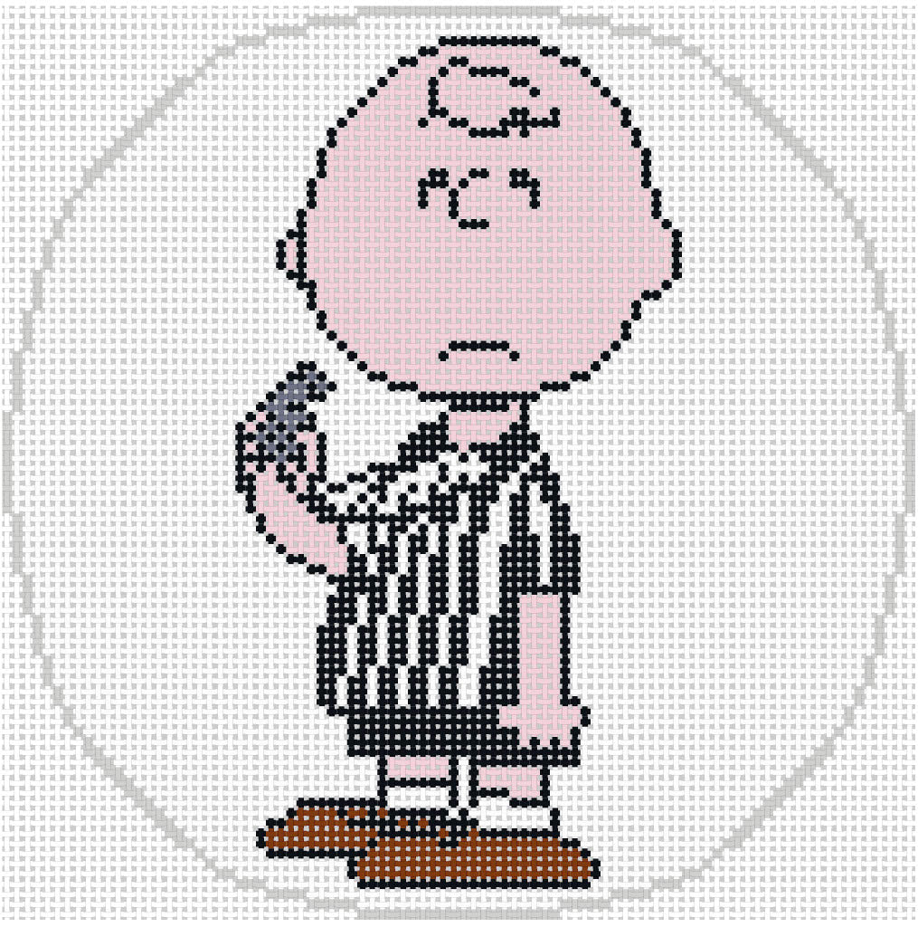 Needlepoint design of Peanuts Charlie Brown dressed as referee on a white background of 18 mesh