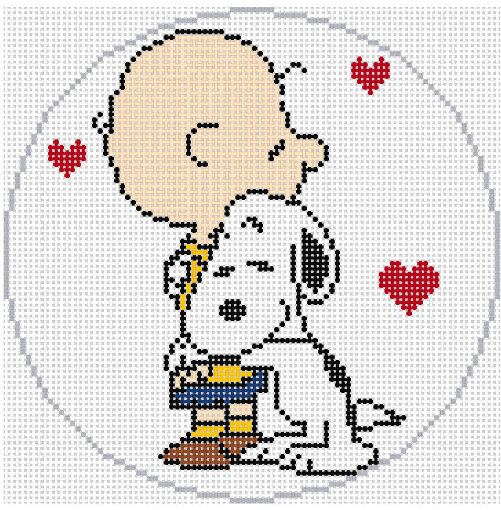 Needlepoint design of  Peanuts Charlie Brown hugging Snoopy  on a white background of 18 mesh
