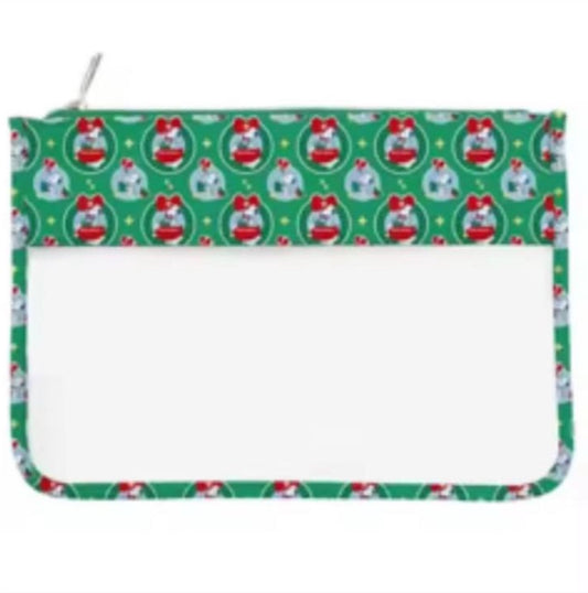 Zippered PVC pouch with Peanuts Christmas themed design and clear see thru base