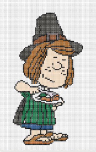Needlepoint design of Peanuts Peppermint Patty dressed as a Thanksgiving Pilgrim on a white background of 18 mesh