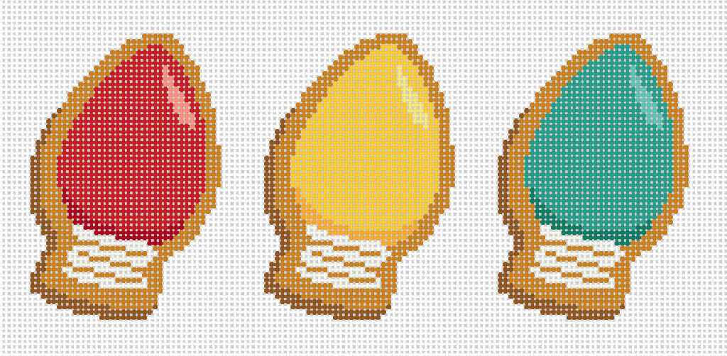 Needlepoint design of three Gingerbread Cookies of Christmas lights on 18 mesh