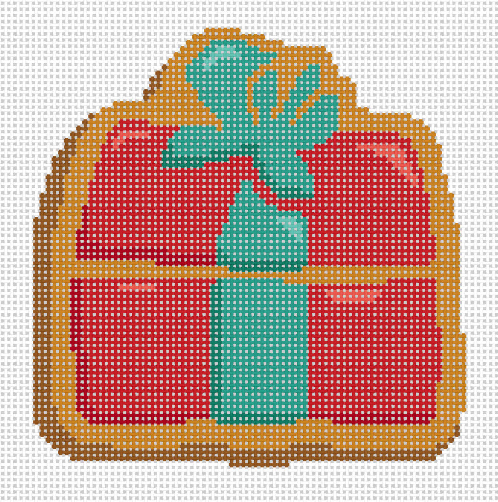 Needlepoint design of Gingerbread Cookie of holiday package on 18 mesh