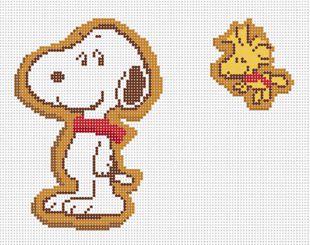 Needlepoint design of two Gingerbread Cookies from Peanuts featuring  Snoopy and Woodstock on 18 mesh