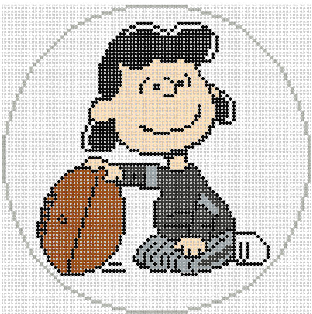 Needlepoint design of Peanuts Lucy playing football in grayscale on a white  background of 18 mesh