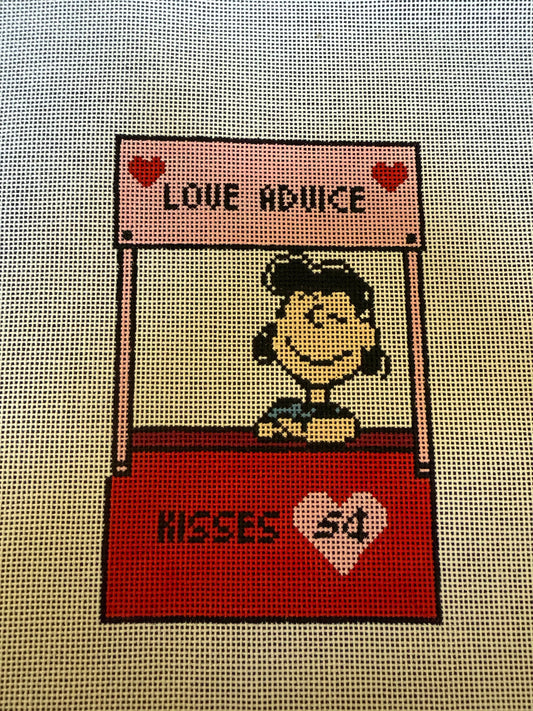 Needlepoint design of  Peanuts Lucy in a love advice booth on a white background of 18 mesh