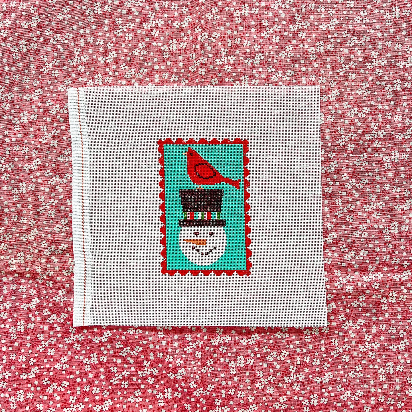 KICH52 - Red Scallop - Snowman with Cardinal on Teal