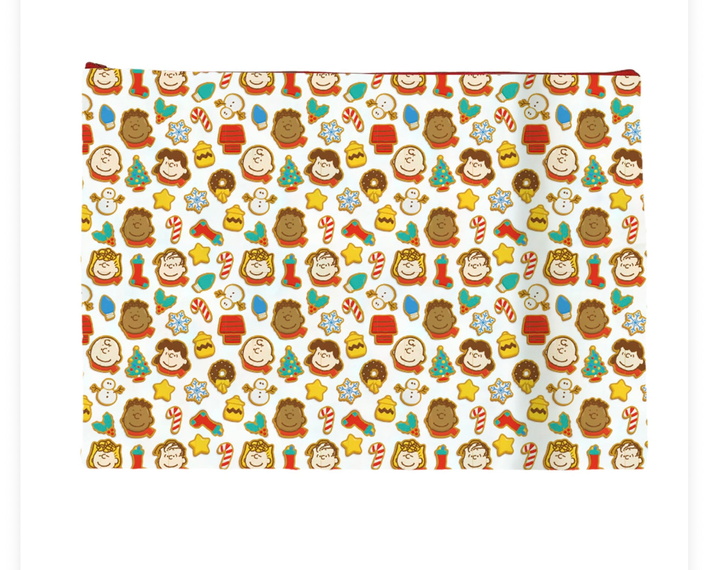 Woven zippered bag with Peanuts characters as Gingerbread cookies on a white background