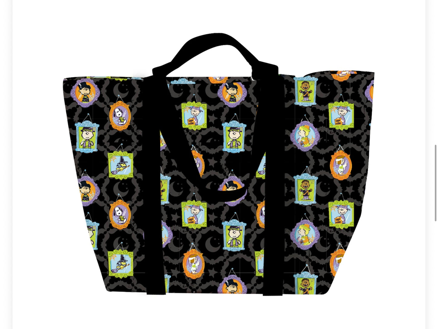 Reusable shopping bag with Peanuts characters in Halloween costumes  on a black background