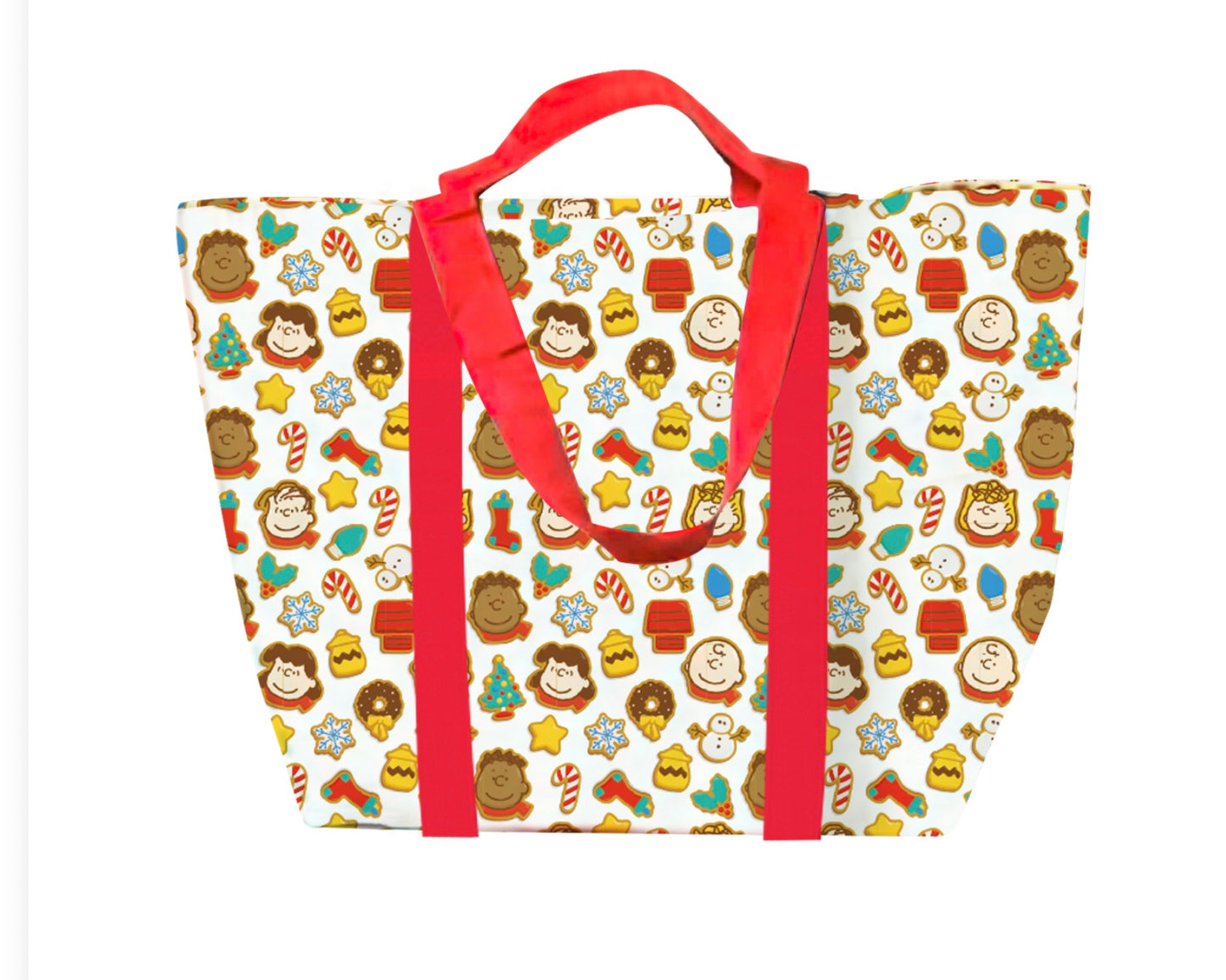 Reusable shopping bag with Peanuts characters as gingerbread cookies  on a white  background with red handles