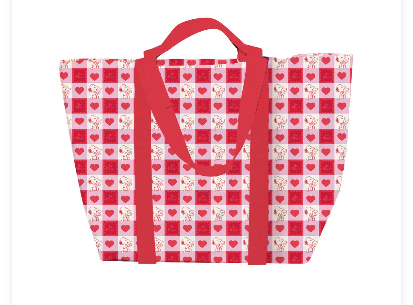 Red and white checkered reusable tote bag with heart pattern on a white background featuring Snoopy from Peanuts.
