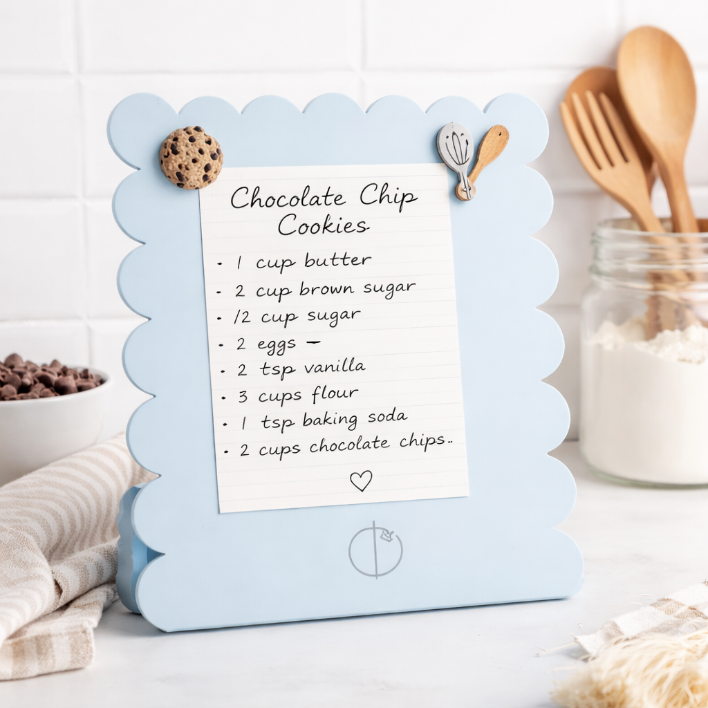 Metal Magminder board in kitchen setting with recipe card on kitchen counter