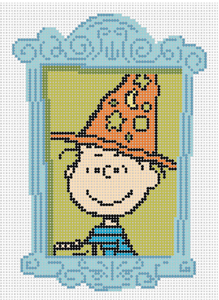 Needlepoint design of Peanuts Linus dressed as a wizard in a blue frame on a white background of 18 mesh