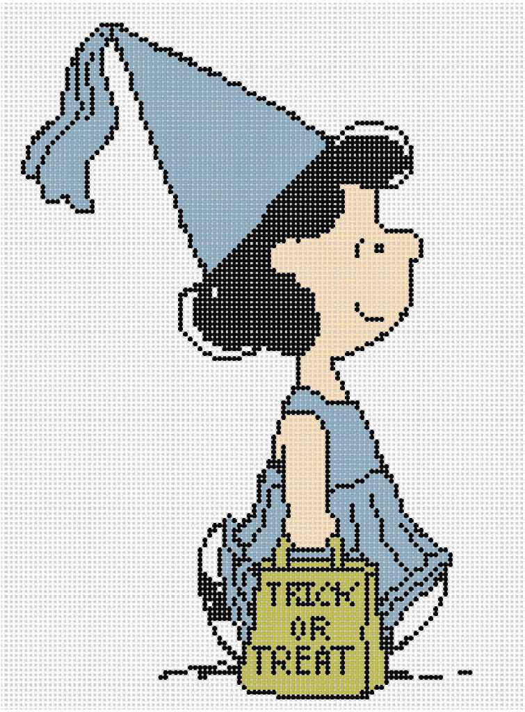 Needlepoint design of Peanuts Lucy dressed as a princess on a white background of 18 mesh
