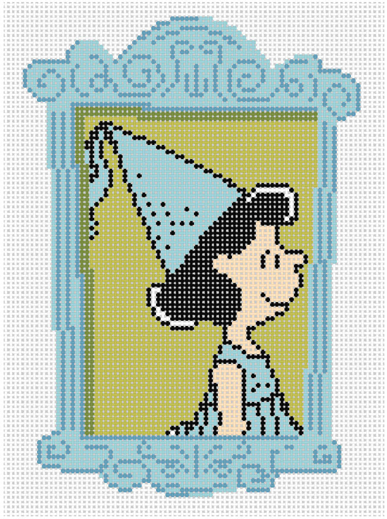 Needlepoint design of Peanuts Lucy dressed as a princess in a blue frame on a white background of 18 mesh