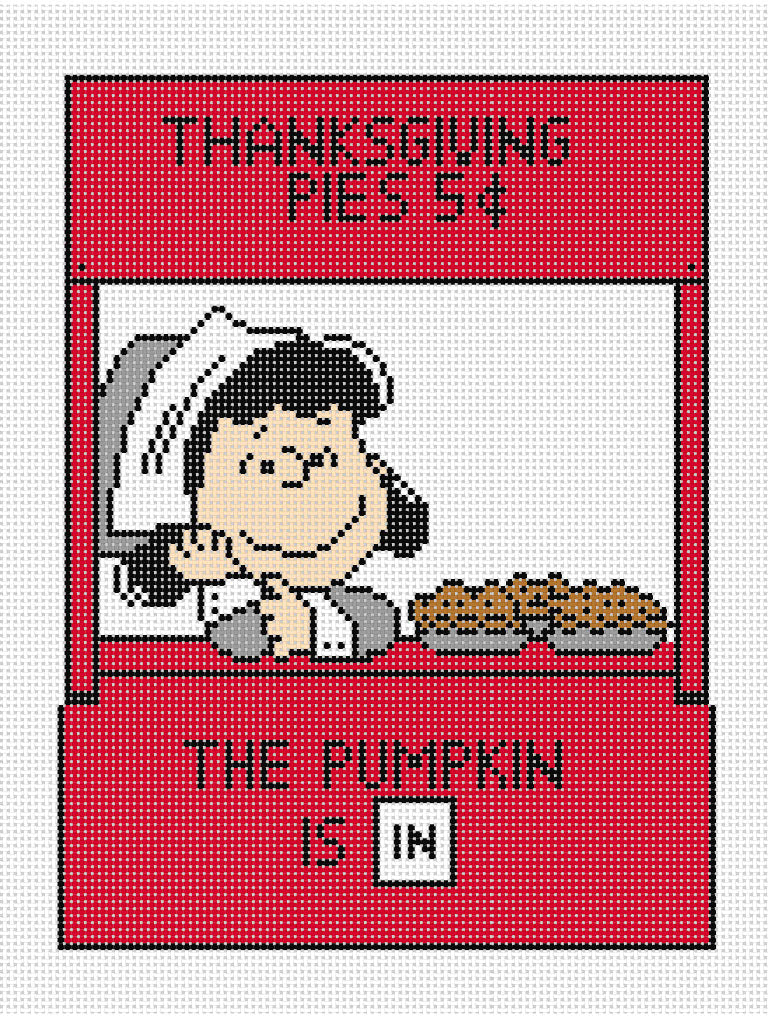 Needlepoint Canvas of Peanuts Lucy as Pilgrim selling Pies in her booth