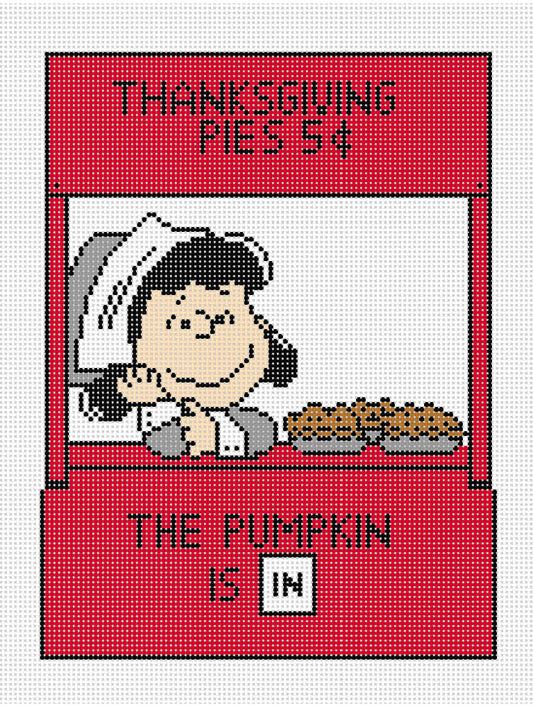 Needlepoint Canvas of Peanuts Lucy as Pilgrim selling Pies in her booth