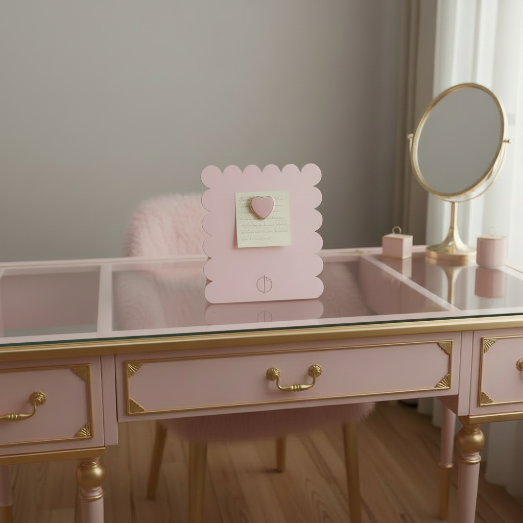 Metal Magminder Board on pink dressing table