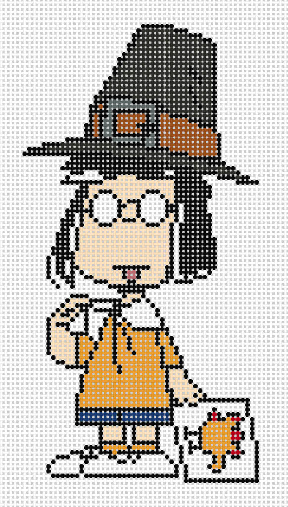 Needlepoint design of Peanuts Marcie dressed as a Thanksgiving Pilgrim on a white background of 18 mesh