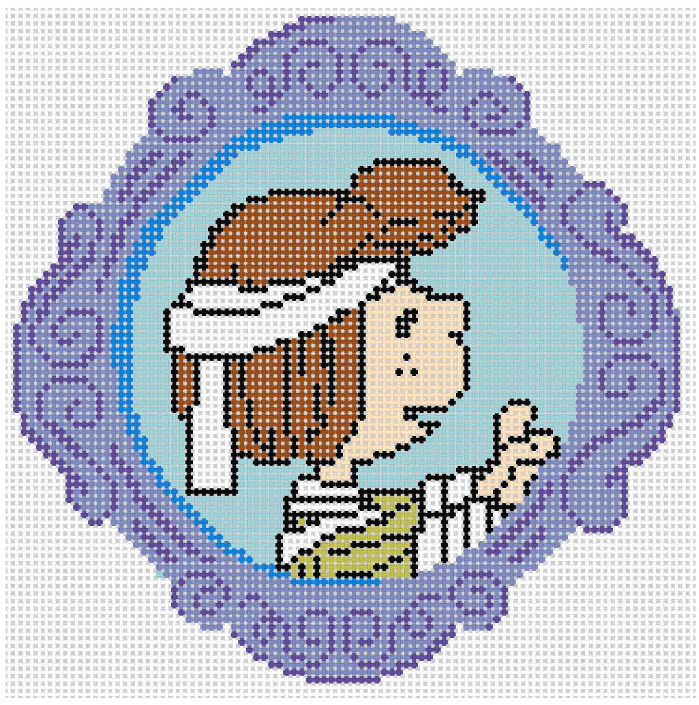  Needlepoint design of Peanuts Peppermint Patty dressed as a mummy in a purple frame on a white background of 18 mesh