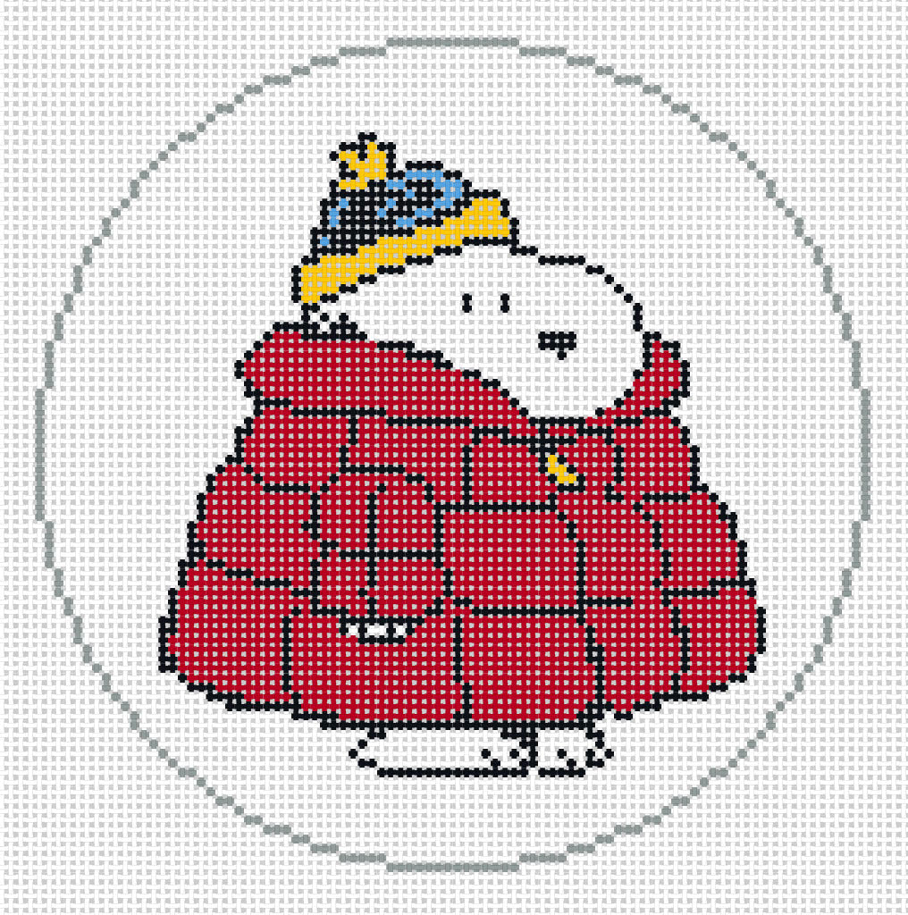 Needlepoint design of Peanuts Snoopy dressed in red puffer coat on a white background of 18 mesh