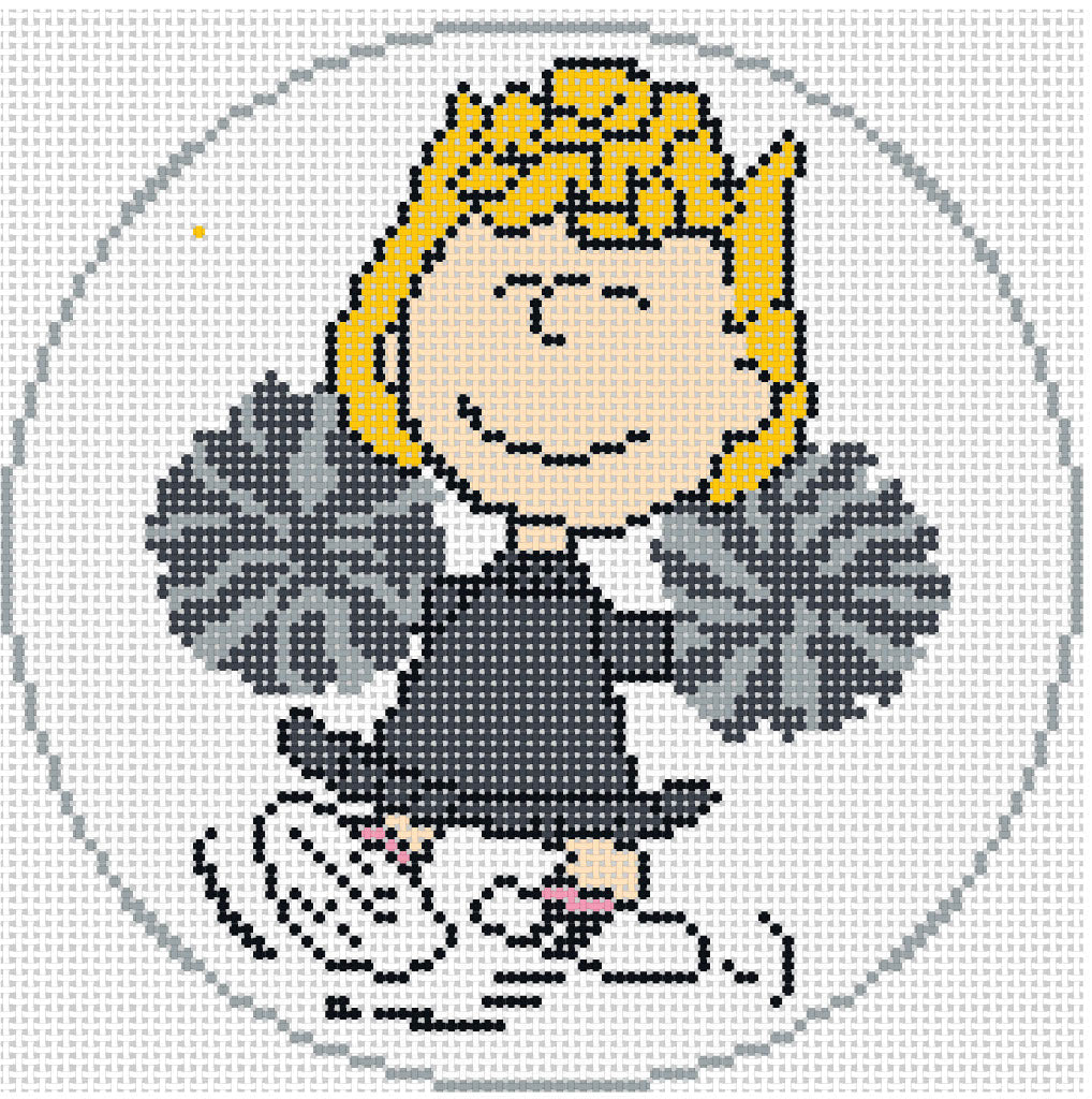 Needlepoint design of Peanuts Sally as cheerleader in grayscale on a white  background of 18 mesh