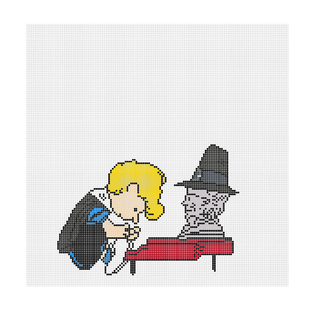 Needlepoint design of Peanuts Schroeder dressed as a Thanksgiving Pilgrim at his piano on a white background of 18 mesh