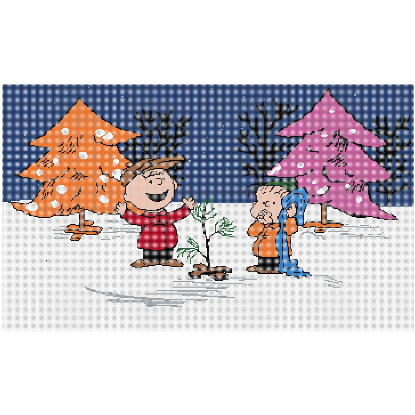 Needlepoint design of iconic scene from "Charlie Brown Christmas" TV special of. Charlie and Linus with the tiny tree on 18 mesh