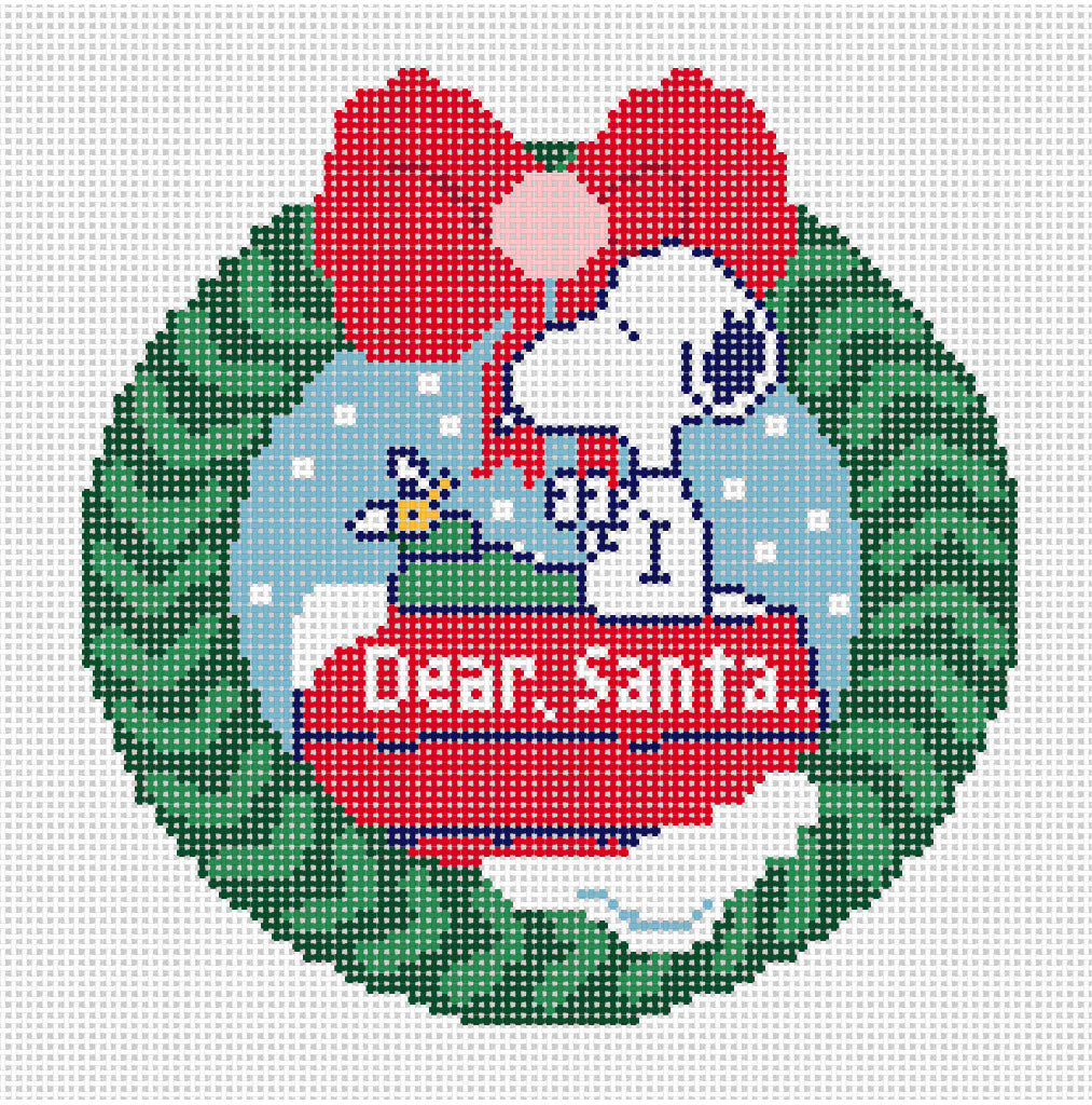 Needlepoint canvas of Snoopy in Wreath Dear Santa