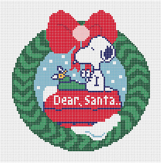 Needlepoint canvas of Snoopy in Wreath Dear Santa