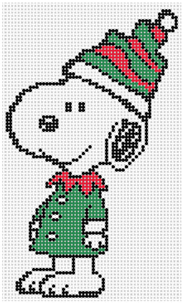 Needlepoint design of Peanuts Snoopy dressed as an elf on a white background of 18 mesh