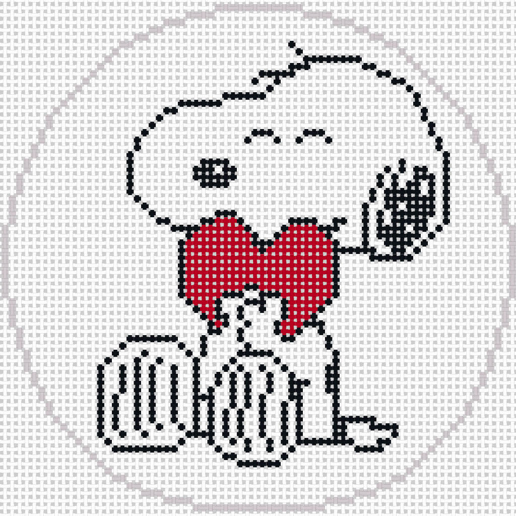 Needlepoint design of  Peanuts Snoopy hugging a red heart on a white background of 18 mesh