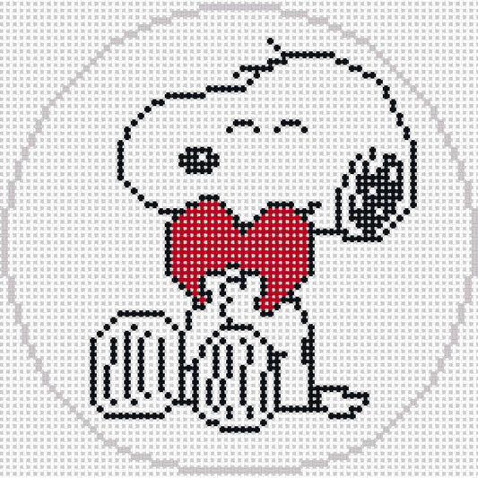 Needlepoint design of  Peanuts Snoopy hugging a red heart on a white background of 18 mesh