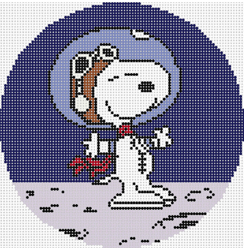Needlepoint design of Peanuts Snoopy on the moon as astronaut on a white background of 18 mesh