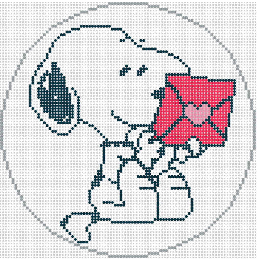 Needlepoint design of  Peanuts Snoopy with a Valentine letter on a white background of 18 mesh