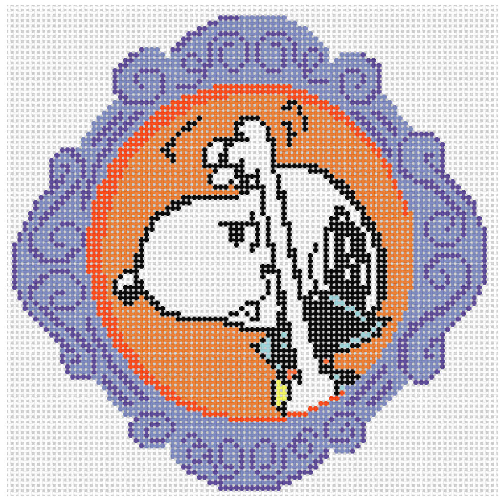 Needlepoint design of Peanuts Snoopy dressed as a vampire in a purple frame on a white background of 18 mesh