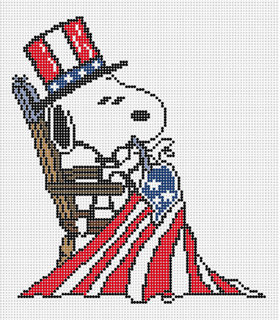 Needlepoint design of Peanuts Snoopy as uncle sam stitching the US Flag  on a white background of 13 mesh