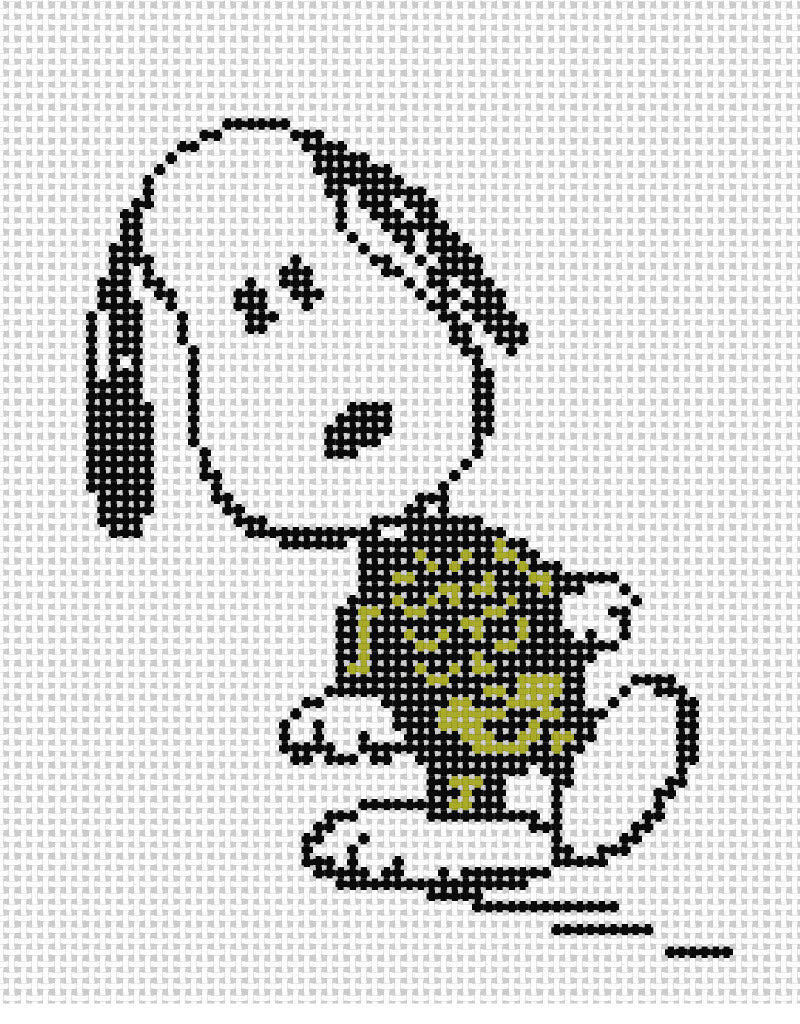Needlepoint design of Peanuts Snoopy dressed as a skeleton on a white background of 18 mesh