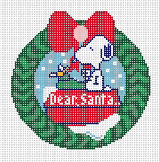 Needlepoint canvas Peanuts Snoopy letter to santa wreath