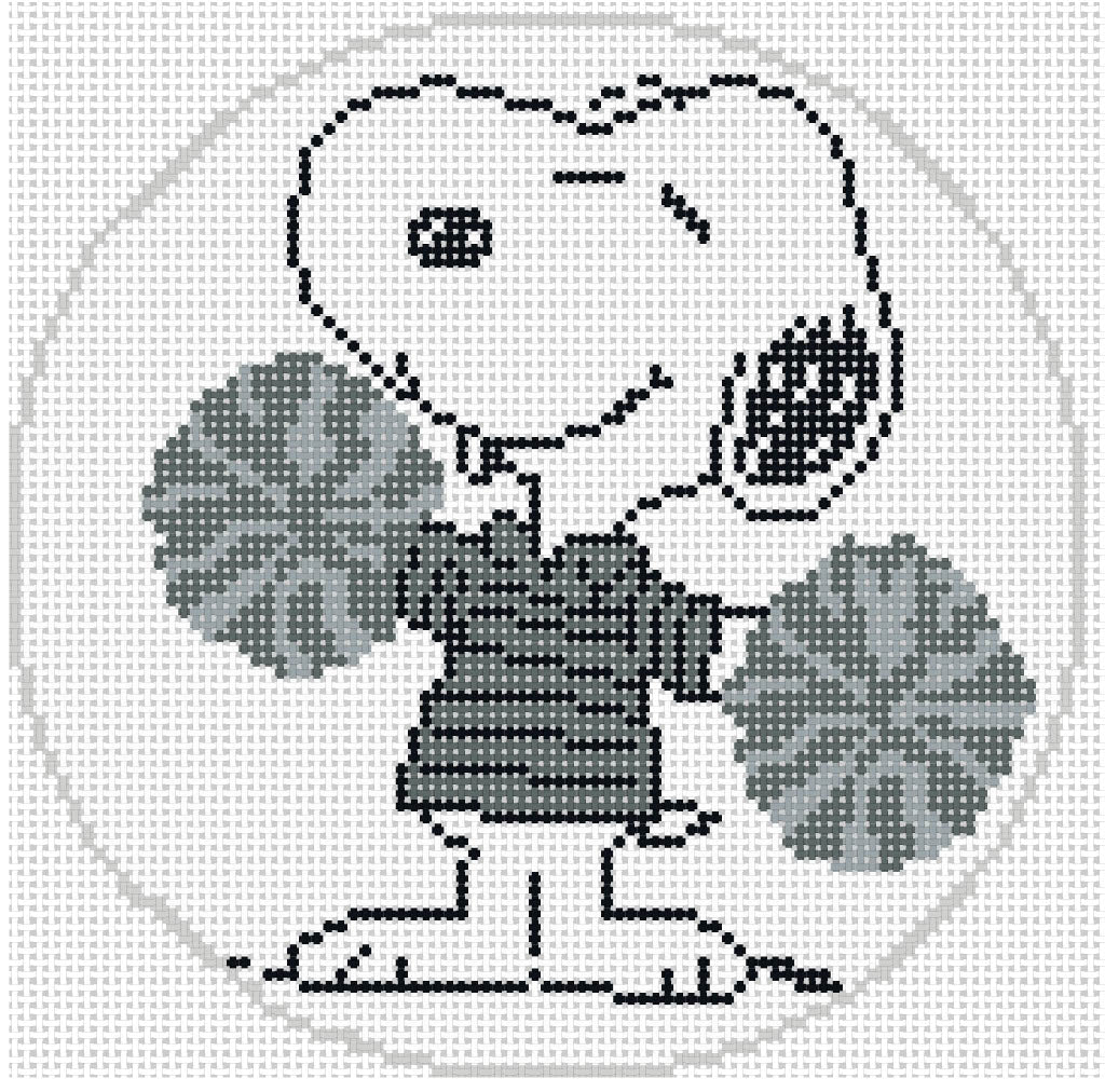 Needlepoint design of Peanuts Snoopy as cheerleader in grayscale on a white  background of 18 mesh