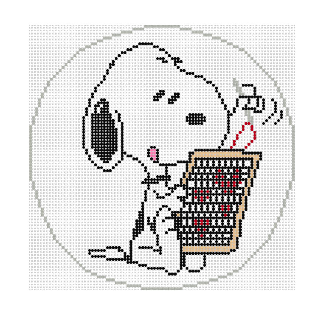 Needlepoint design of Peanuts Snoopy needlepointing on a frame on a white background of 18 mesh