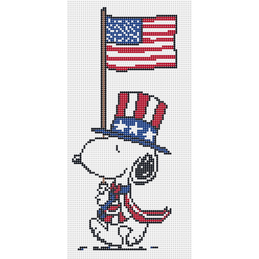 A piece of needlepoint canvas with an painted image of Snoopy wearing a Uncle Sam hat and holding an American flag.