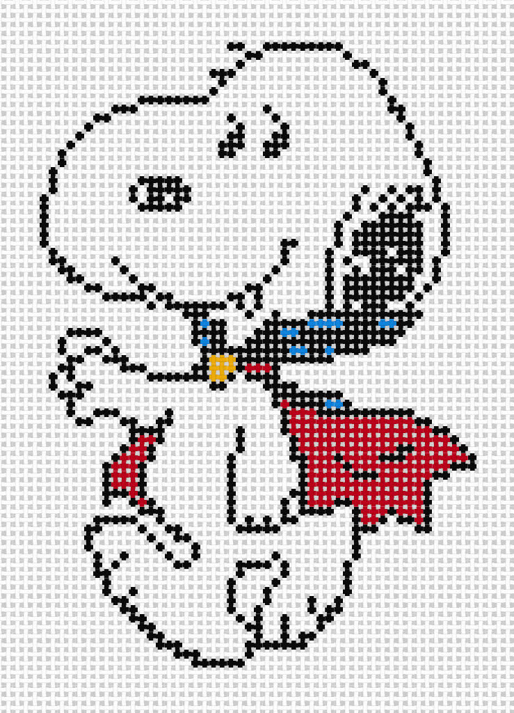 Needlepoint design of Peanuts Snoopy dressed as a vampire on a white background of 18 mesh