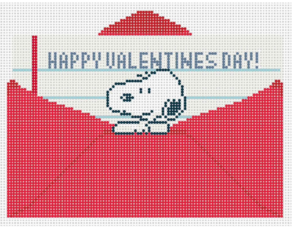 Needlepoint design of  Peanuts Snoopy inside a Valentine letter on a white background of 18 mesh